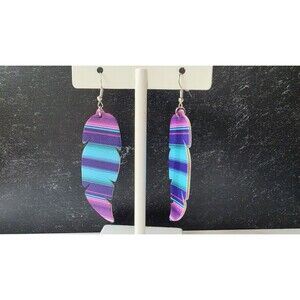 Blue And Purple Feather Shaped Dangling Pierced Earrings Costume Jewelry